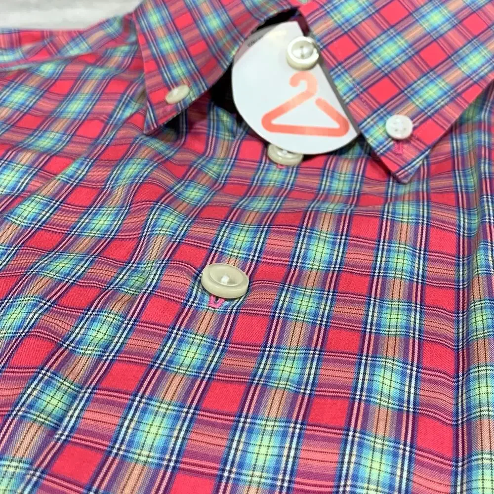 ETON Button Down Dress Shirt 15.5 / 39 Men Slim Salmon Coral Plaid Easter Spring